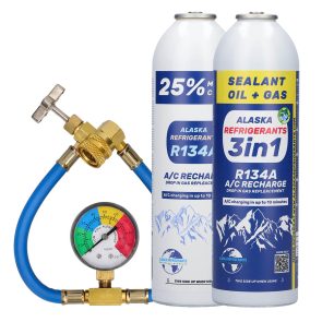 Kombinovaný set Alaska Refrigerants - náhradní chladivo za R134a 3v1 s olejem PAG 100 a těsnicí přísadou + náhradní chladivo za R134a + hadice a manometr