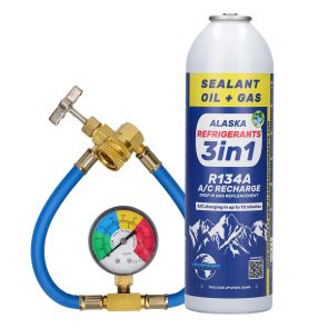 3v1 Alaska Refrigerants – náhradní chladivo do klimatizace R134a, olej PAG 100, těsnicí přísada + hadice a manometr
